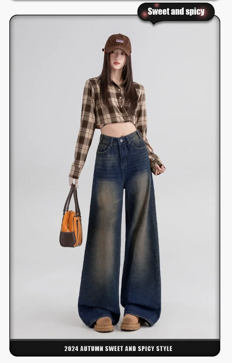 Slimming Wide Leg Straight Leg Jeans Women's Spring Autumn Winter New Style Washed Korean Version Commute Floor-Length Denim Pan