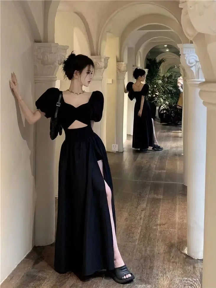 Short Puff Sleeve Black Dress Women Hollow Out Design Split Square Collar Temper Korean Style Fashion Ladies Attractive Ulzzang