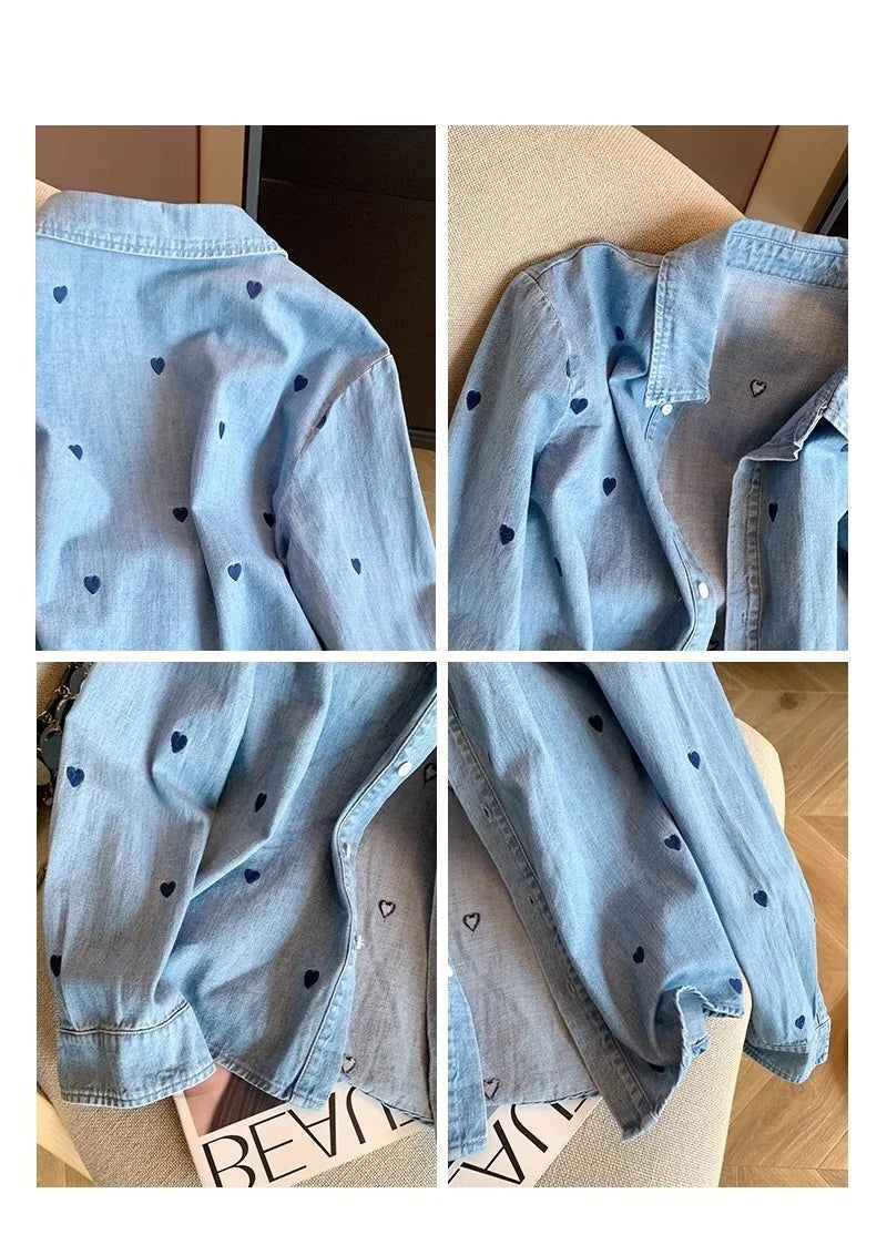 American Retro Blue Soft Denim Shirt Women's Spring Autumn Heart Print Thin Coat Casual Versatile Loose Long Sleeve Top Shirt
