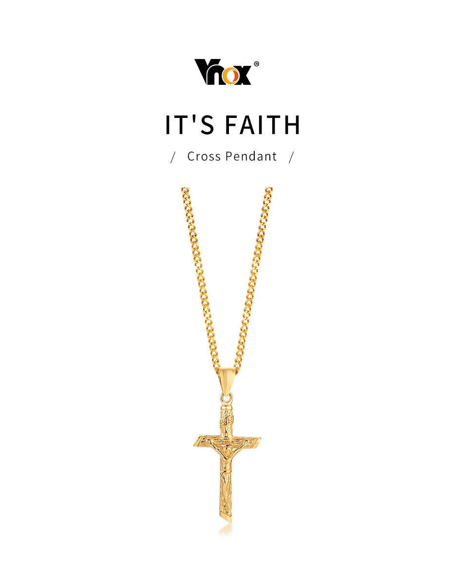 Vnox Cross Necklace for Men Women,Catholicism Jesus Pendant,Gold Color Stainless Steel Unisex Collar,Church Prayer Faith Jewelry