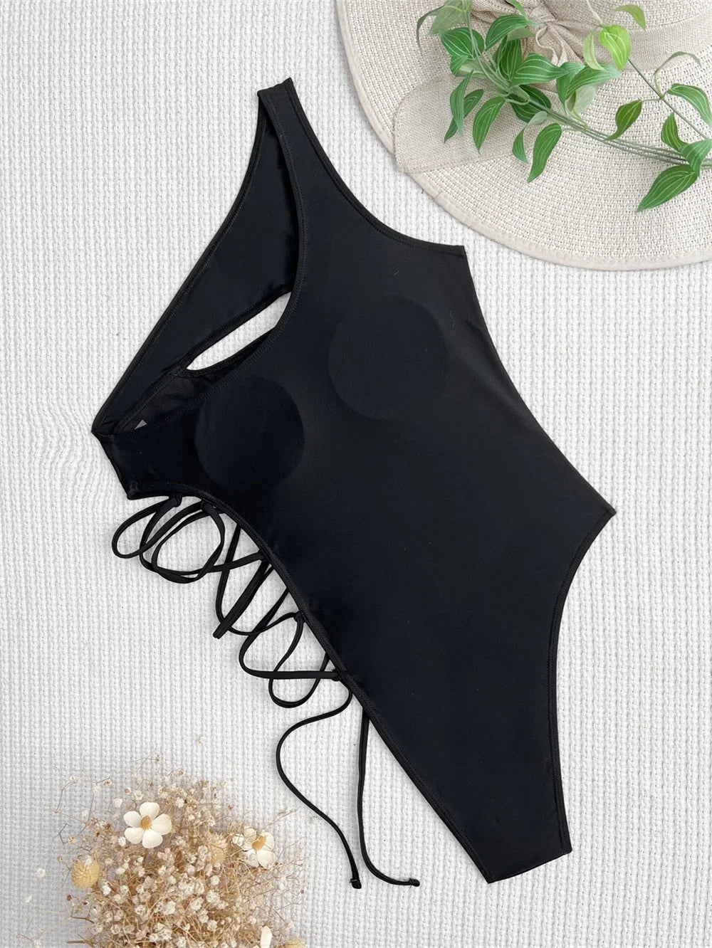 High Cut Drawstring Bikini Black Sexy Hollow Out Luxury Swimsuit Cross Bandage Monokini Punk Swimwear Women Bath Beach Swim Suit