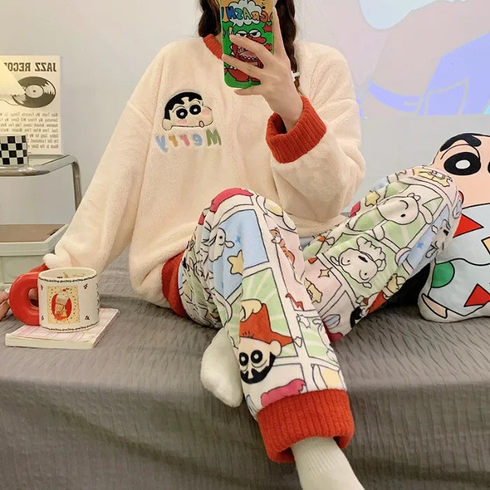 Transborder Flannel Pyjamas Women's Autumn Winter Round Neck Long Sleeve Cute Japanese Cartoon Student Warm Home Clothes Set