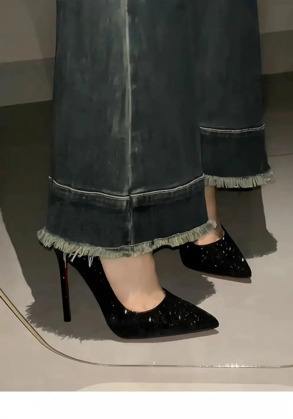 Black Pointed Toe High Heels Full of Diamonds Shiny Sequins Mid Heel Women's Shoes Spring Autumn Season Casual PU Leather