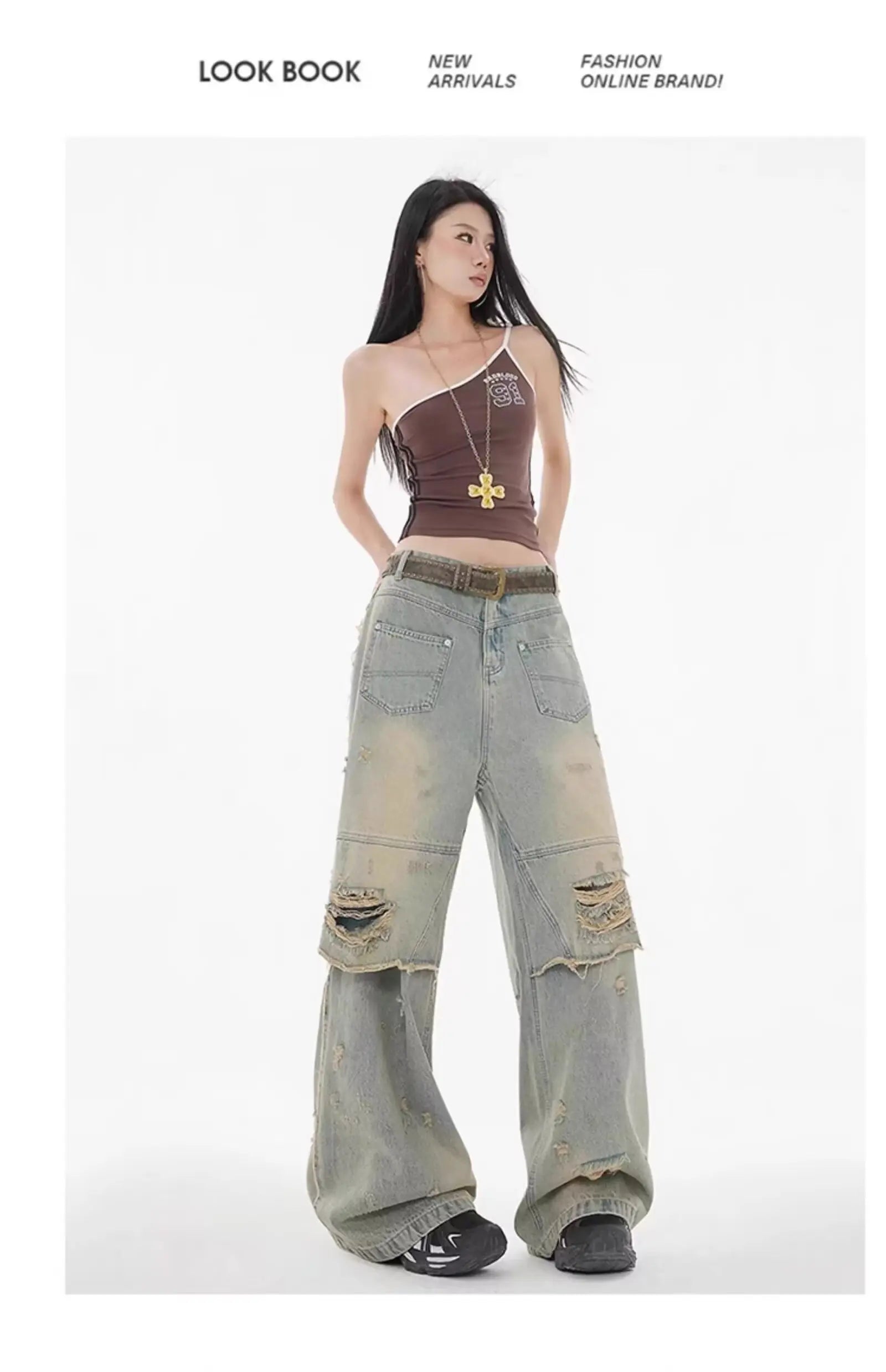 American High Street Wasteland Style Ripped Jeans Spring and Summer Loose Washing and Old Wide-leg Japanese and Korean Baggy