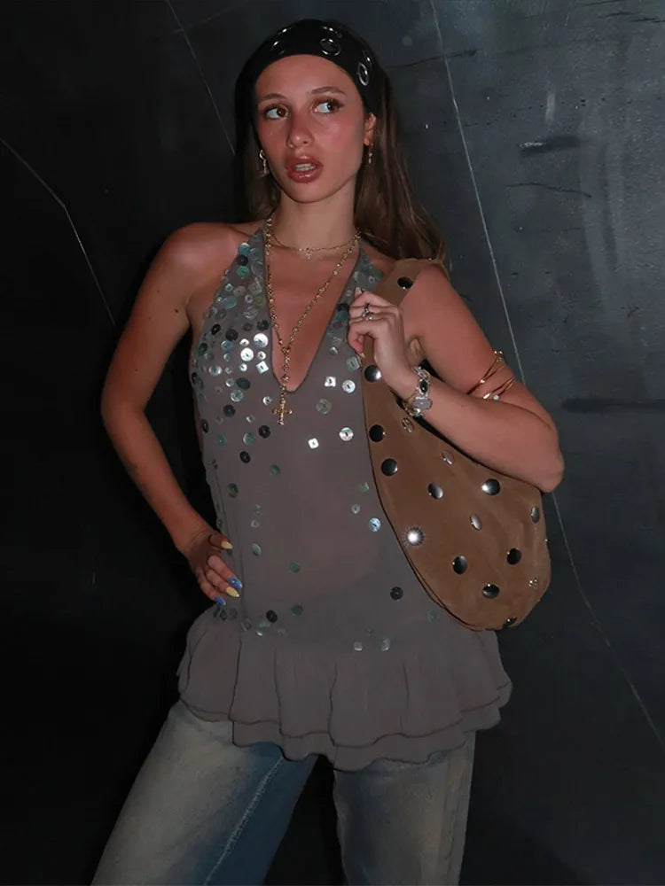 Sexy Sequin Short Dress Women Halter Lace Up Sleeveless Backless Ruffle A-line Dresses Female 2025 Spring Summer Chic Lady Robe