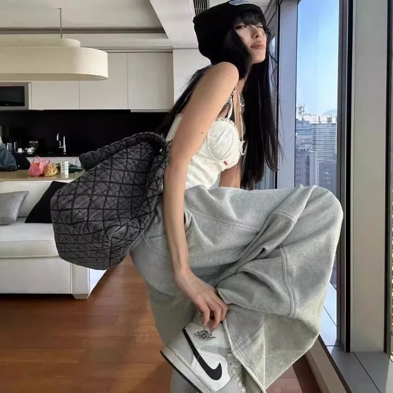 【 Wide Leg Fashion 】 Design Sense Grey Wide Leg Sanitary Pants for Women 2025 Spring Loose and Slim Versatile Casual Sports Pant