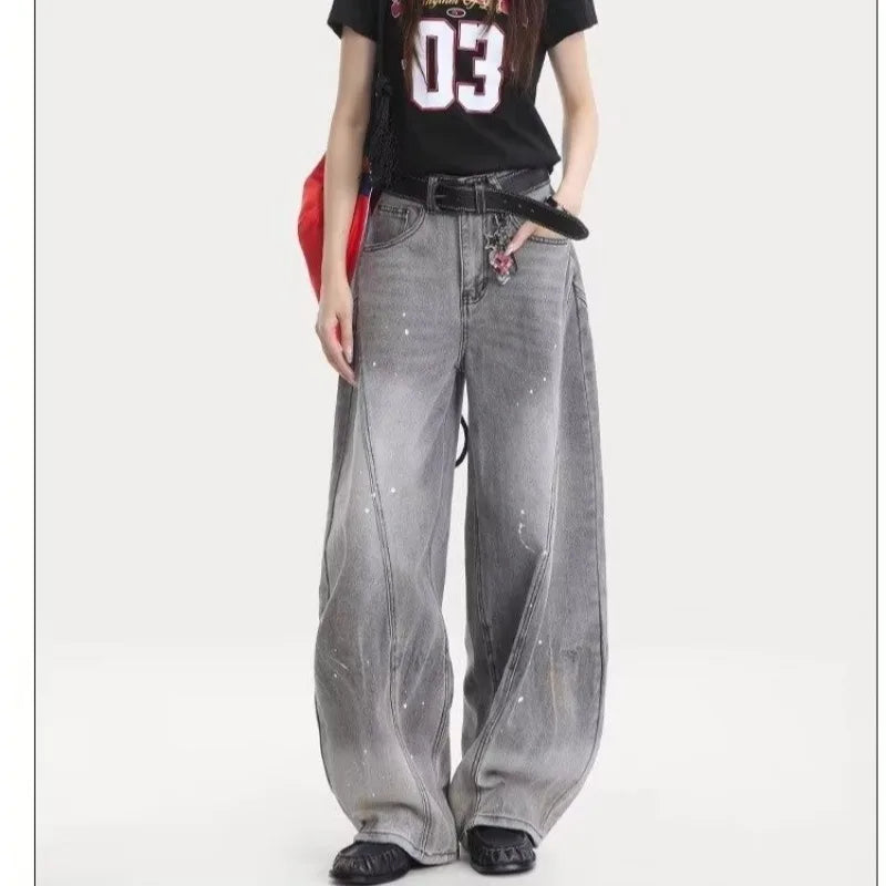 American retro washing smoke grey ink jeans scimitar straight wide-leg lazy style casual trousers Korean style