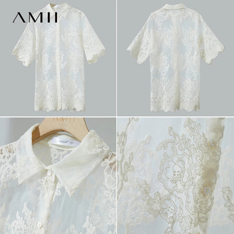 AMII Minimalist Office Lady Print Shirts Women Summer 2025 Short Sleeve Turn-down Collar Loose Blouses Female Fashion 12542155