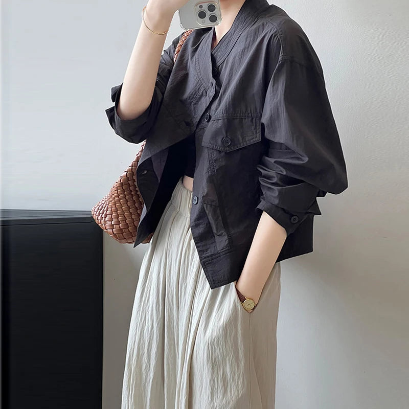 Women's ort Breathable Faion irt Thin Summer New Design Chic Stand Collar Trendy Top Korean Sle Long Sve Button up