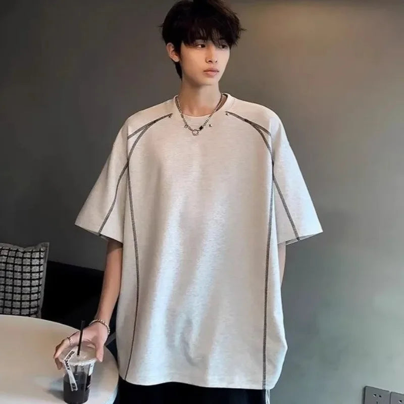 Baggy Male Tees Shirts Black Plain Five-point Sleeve Men's T-shirt Luxury High Quality Aesthetic Clothing Y2k Tops Fashion Party