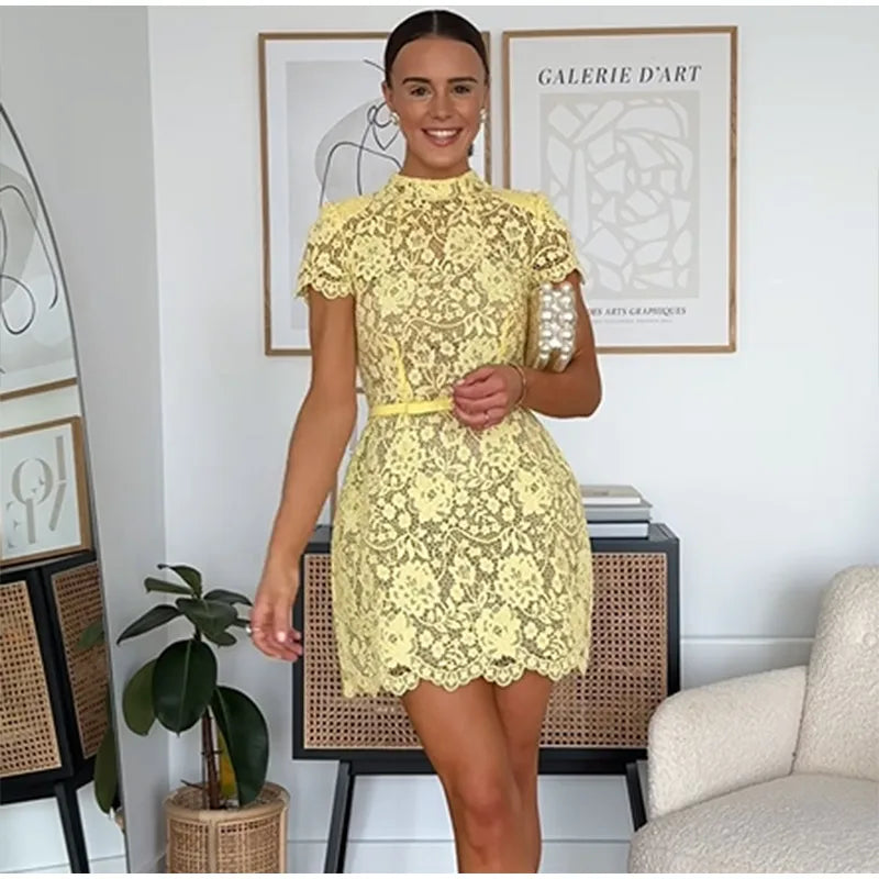 Chic Butter Yellow Lace Print Mini Dress Women's Elegant Short Sleeve O-neck High Waist Gowns 2025 Lady Holidays Street Vestidos