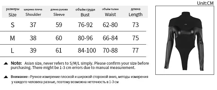 Long Sleeve Bodycon Lenceria Femenina Turtleneck Lingerie Sexy Body Feminino Black Tops Women PU Patchwork One-Pieces Bodysuit