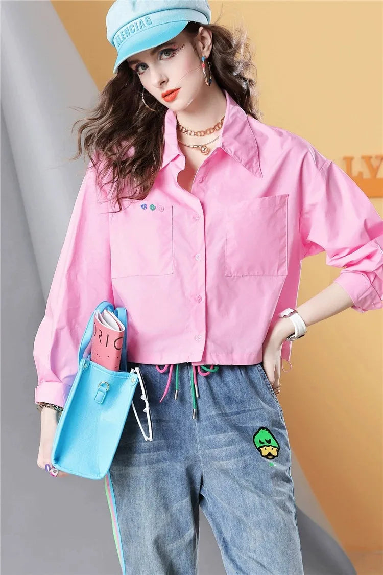 Spring and Autumn Pink Long-sleeved Printed Long-sleeved Women's Shirt Loose Polo Shirt Casual Cotton Top Women's Clothes
