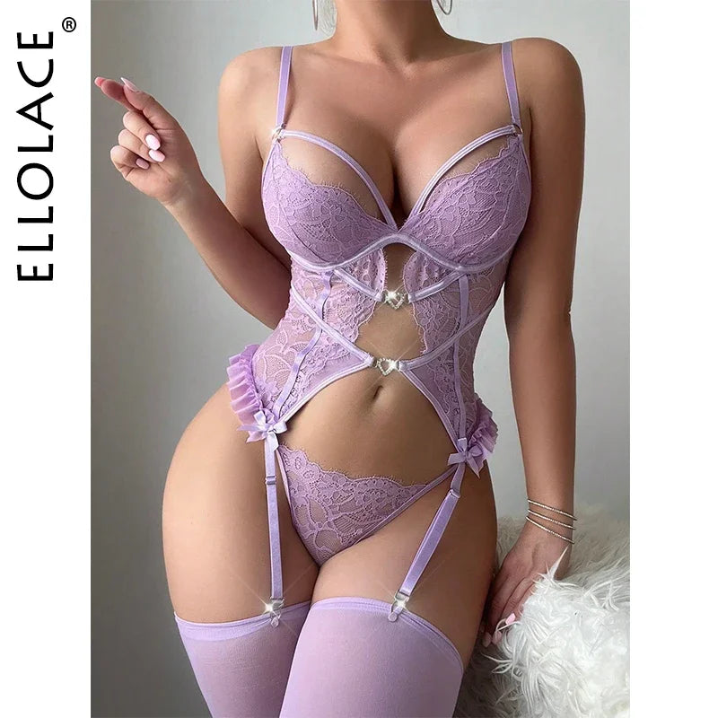 Fancy Lingerie Ultra Sexy Adult Hot Lace Romantic Female Underwear Purple Ensemble Bilizna Exotic Sets with Stocking