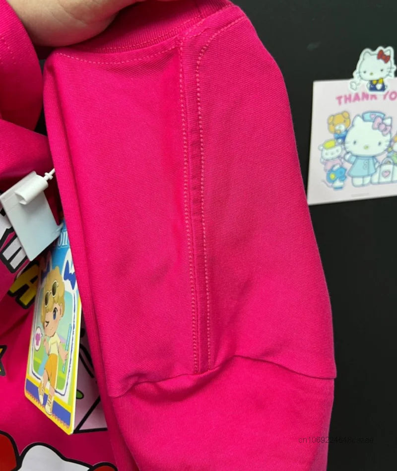 Sanrio Hello Kitty New Clothes Rose Red Fashion Short Sleeve T-shirts Y2k Summer Cotton Loose Tees Women Korean Style Sweet Tops