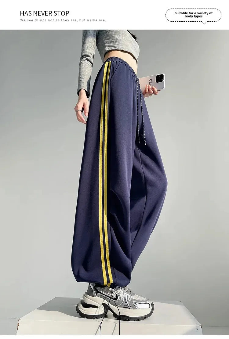 New 2025 American Stripe Sports Pants Women's Spring Autumn Wide Leg Loose Jazz Dance Casual Parachute Long Trousers