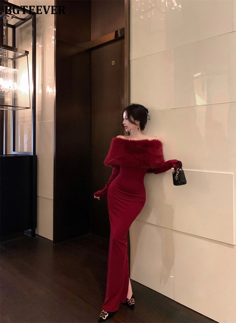 BGTEEVER Autumn Winter Fashion Slash Neck Ladies Skinny Package Hip Sweater Dress Elegant Long Sleeve Female Slim Knitted Dress