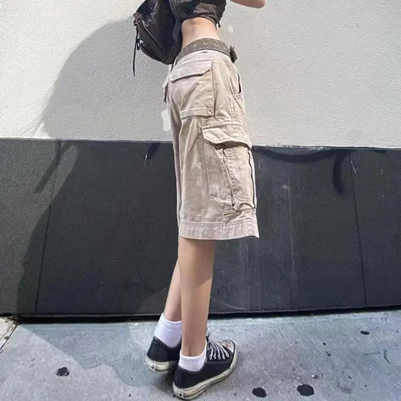 Cargo Knee-length Jeans Women Vintage Washed Streetwear Chic Unisex Fashion Summer Pockets BF Casual Baggy All-match Schoolgirls