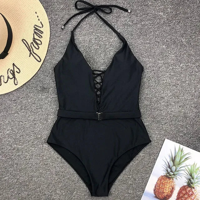 2025 Sexy Lace Up Halter Female Swimwear One Piece Swimsuit Women Backless Monokini with Waist Belt Bathing Suit Swim Bodysuit