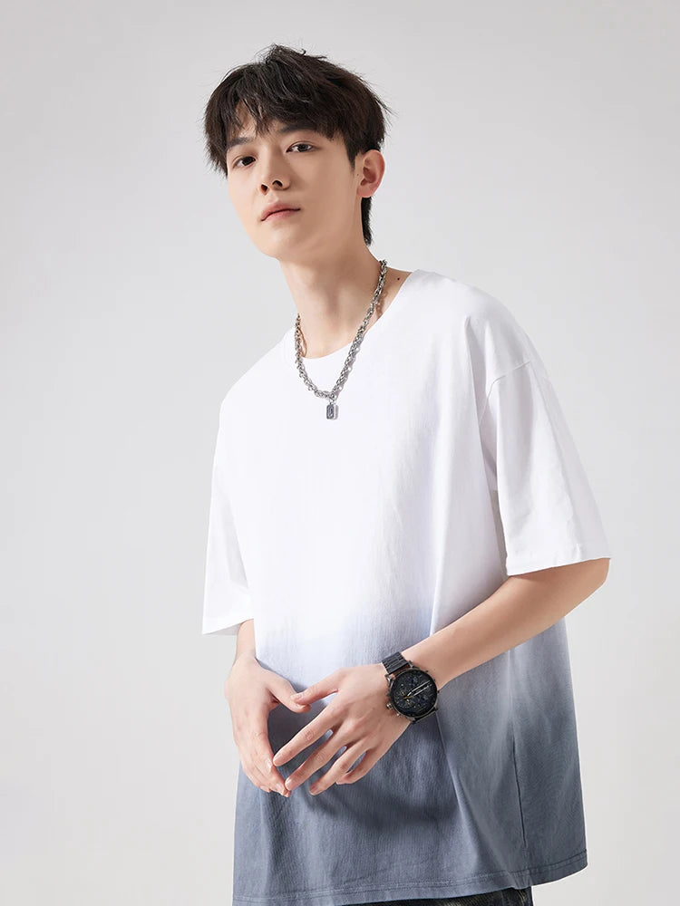 Men's Gradient Dyeing T-shirts 230Gsm Cotton Korean Vintage Street Style Oversized Tees Short Sleeve Loose Fit Basic Tops