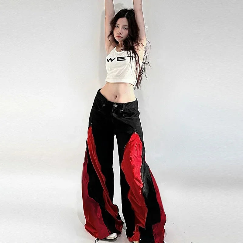 Women's Hip Hop Two-tone Patchwork Low Rise Zipper Denim Pants Baggy Wide Leg Dragging Designer Trousers High Street Jeans Pants