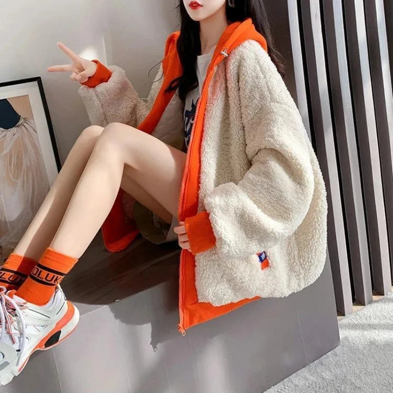 Imitation Lamb Wool Zipper Coat Woman Hoodies Y2k Clothes Sweatshirt Streetwear Korean Fashion Autumn Winter Jacket New Loose