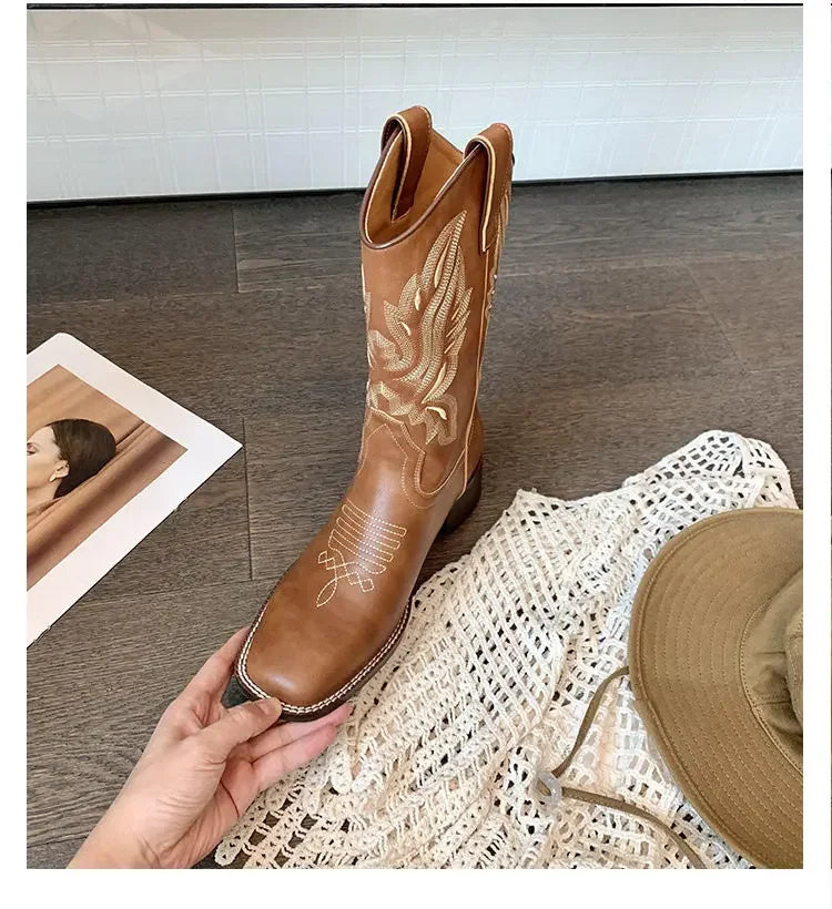 Fall Women Mid-calf Boots 2025 Vintage Leather-covered Brown Western Cowboy Boots Embroidered Chunky Heel Thigh-high Knight Boot