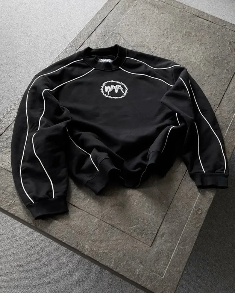 Punk Fashion Striped Casual Round Neck Oversized Hoodies Men New American Street Hip-hop Harajuku Retro Y2K Loose Sweatshirt