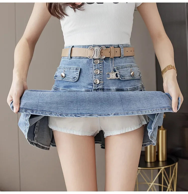 High-Waisted Denim Skirt Women's Slimming Mini Dress 2024 Spring Summer European Style Half Skirt Age-Reducing Fashionable Pleat