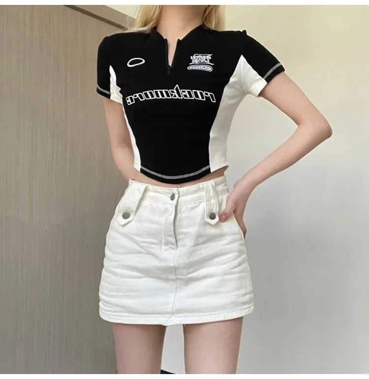 Summer New Pure Desire Spicy Girl Patchwork Contrast Color Embroidery Slimming Zipper Short Sleeve T-Shirt Women's Top