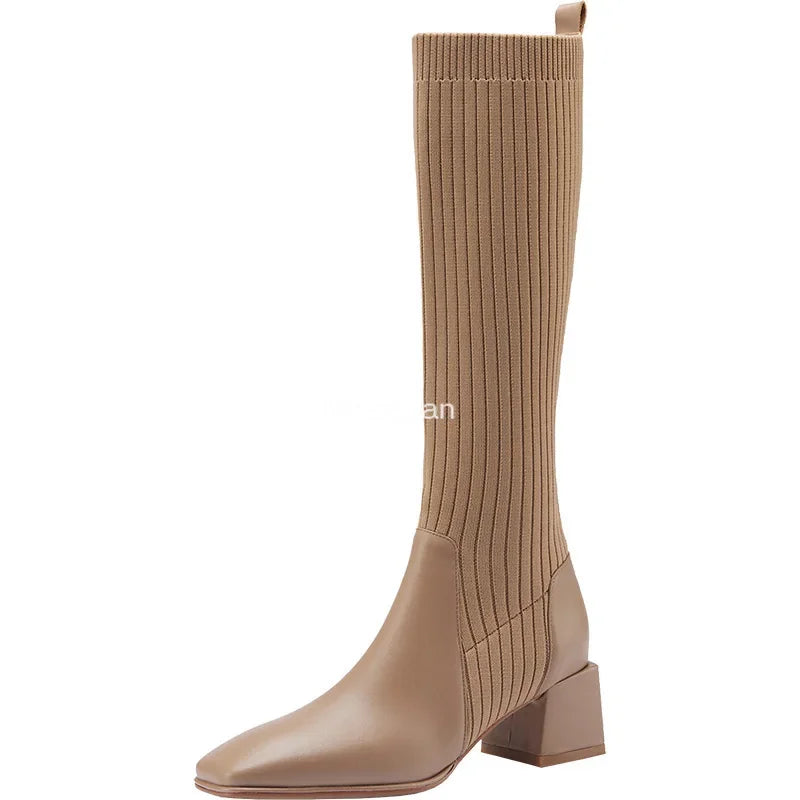 Women's Knee High Boots Luxury Knitted Leather Brown Black Block Heels Warm Classic Elastic Long Boot Winter Shoes Large Size 40