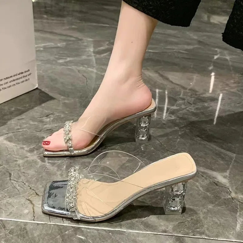 Transparent Crystal Sandals Women's Mid Heel High Heels Summer New Outdoor Wear Diamond Studded Fashionable Rubber Sole
