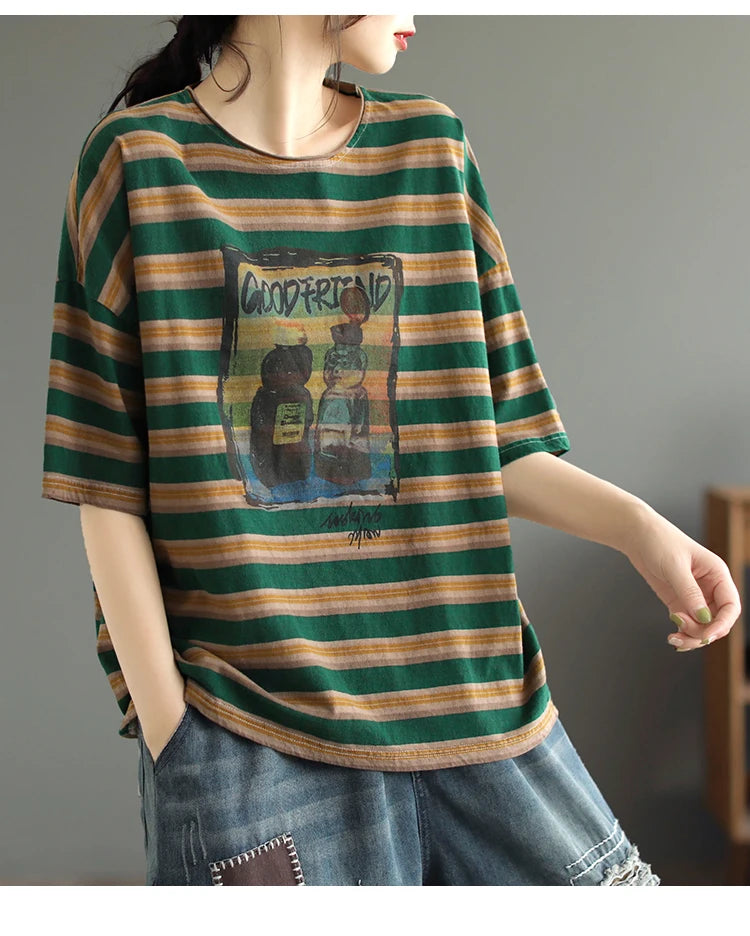 plus Size Women's Cotton T-irt ort Sve Slimming Top Summer Street Sle Printed round Ne Loose Fit Casual Wear