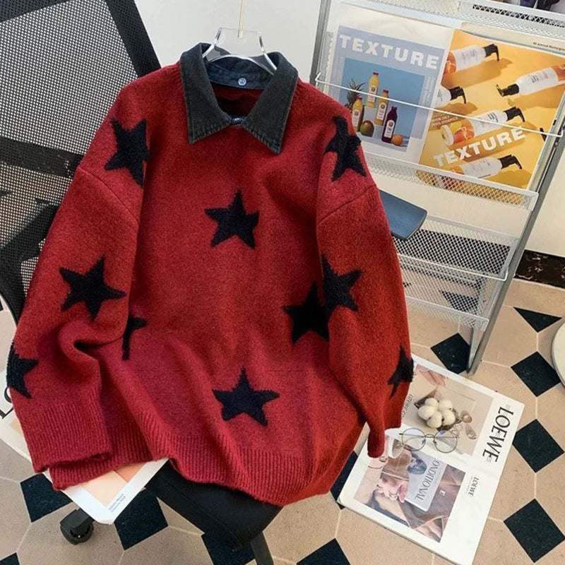 Zoki Star Print Y2K Sweaters Women American Red Patchwork Knitted Jumpers Tops Loose Female Design Turn Down Collar Pullovers