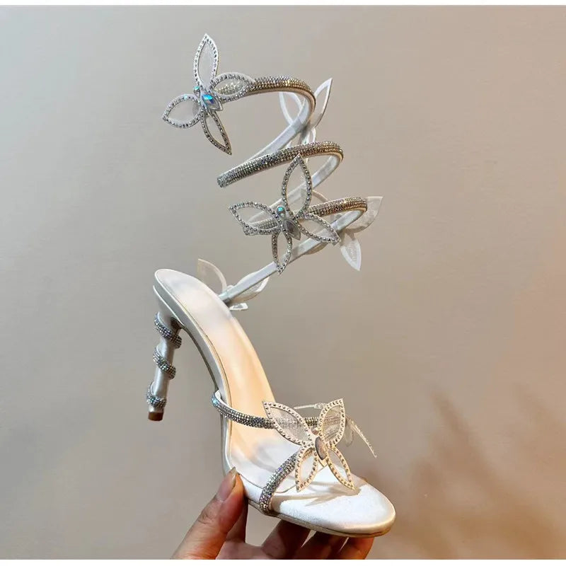 Luxury Crystal Embellished Butterfly Detail Women Sandals Sexy Coiled Strap Thin High heels Gladiator sandals Summer Party Shoes