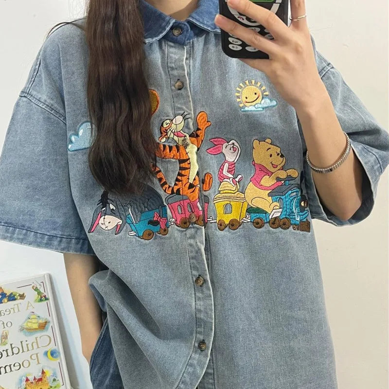 Disney Winnie The Pooh Antique Style Niche Childlike Fun Embroidery Denim Shirt Womem's Summer Loose Shirt Casual Versatile Top