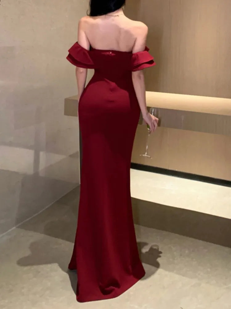 Women Sexy Bodycon Off Shoulder High Split Long Dresses Wedding Evening Party Prom Robe Ruffles Slash Neck Summer New Vestidos