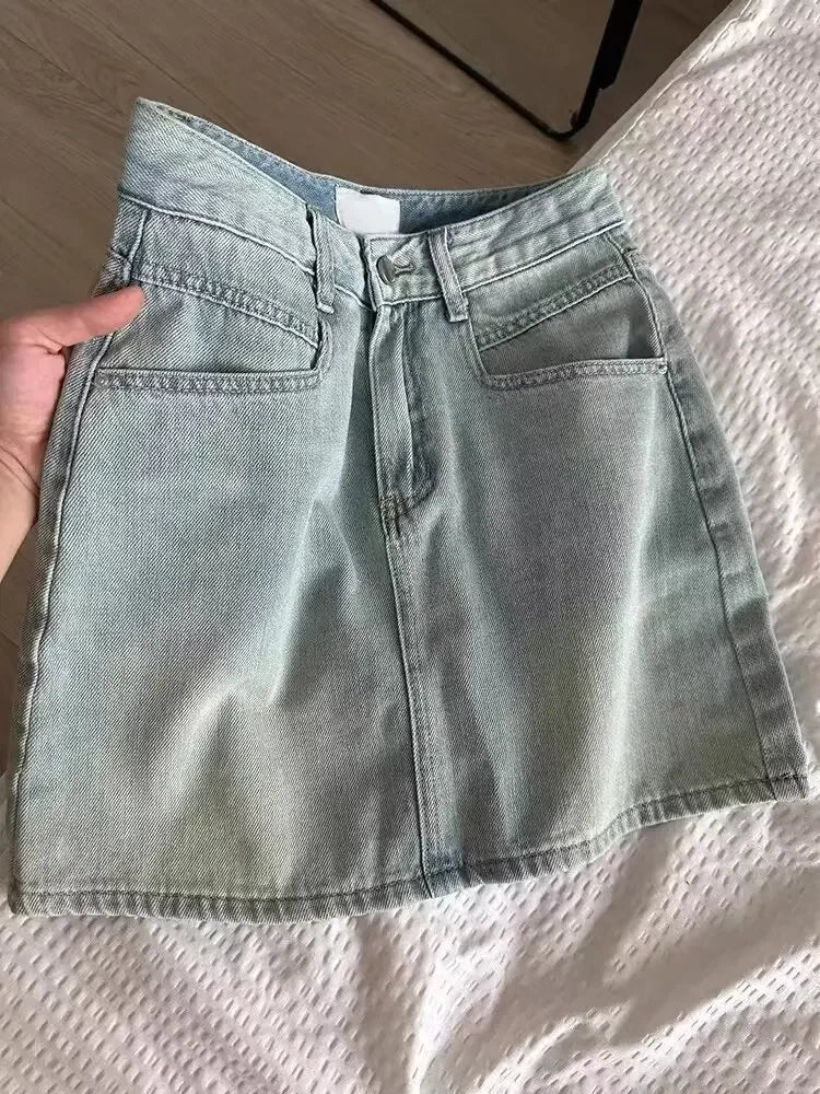 American Style Vintage Denim Skirt Women's Summer 2025 New Plus Size Slimming A- Line Mini Dress Hiding Belly Minimalist Design
