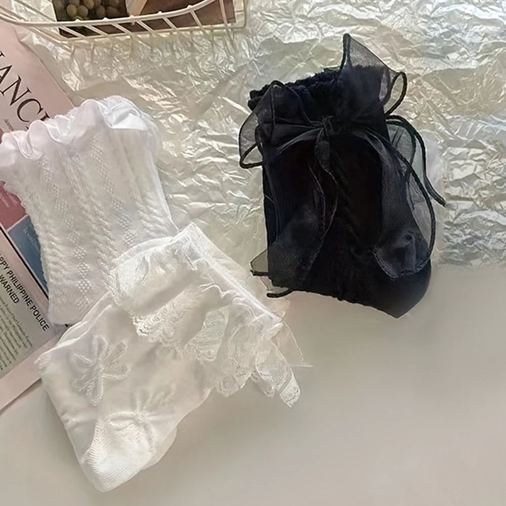 6 Pairs Woman Socks Solid Black White Lolita Lacework Ruffle Socks Summer Thin Japanese Style Kawaii Sweet Girls Short Socks