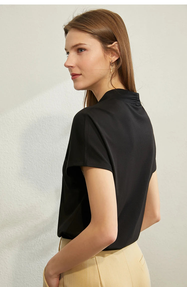 AMII Minimalism 2023 Summer Women's T-shirt Classic Style Casual V-neck Short Sleeve Solid Stretch Female Tops & Tees 12312013