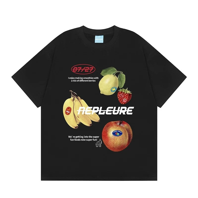 LOTDOOTN Retro American Fun Fruit Print White Short Sleeve Women T-shirts Summer Loose Pure Cotton Half Sleeve Trendy Streetwear