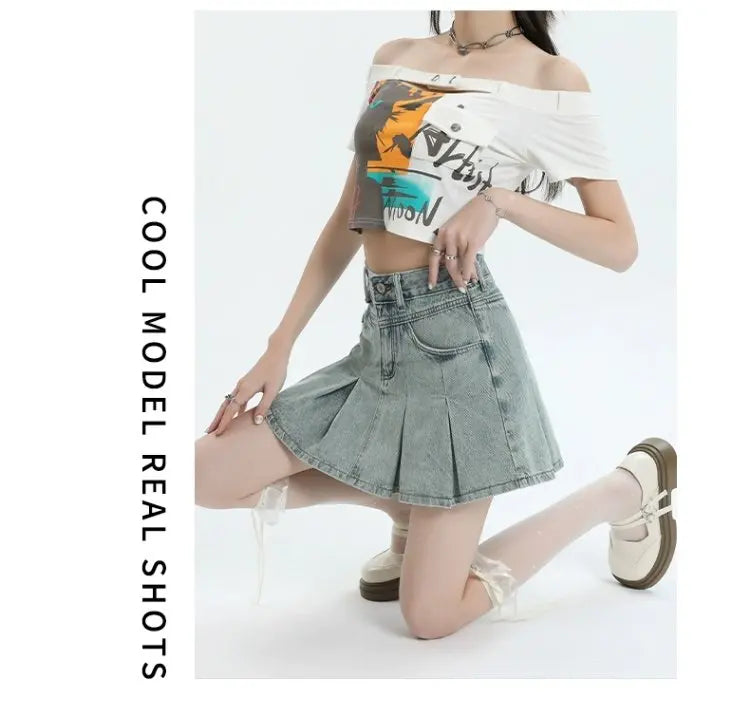 American Sle Versatile High Waist Denim  Skirt Women's Summer New plus Size Pleated Skirt Small Size Slim A-Line ves