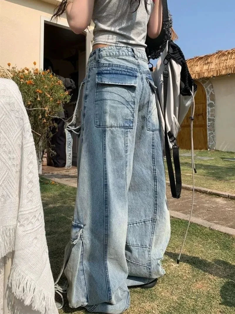 American Fashion Trends Joker Tooling Pocket Baggy Jeans Female Street Y2K New Hip Hop Oversized Wide-leg Pants Unisex Jeans