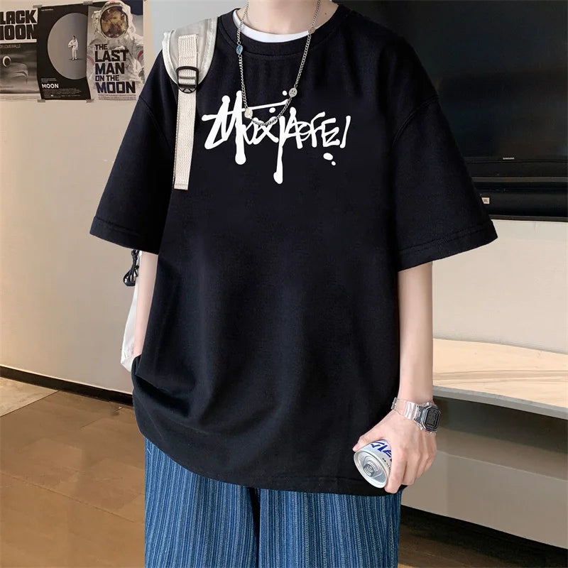 Men's T shirts Cotton Black 4XL Big Size Mens Summer Wear Oversized T-Shirt Letter Print Casual Tee Shirts Fashion Male Clothes