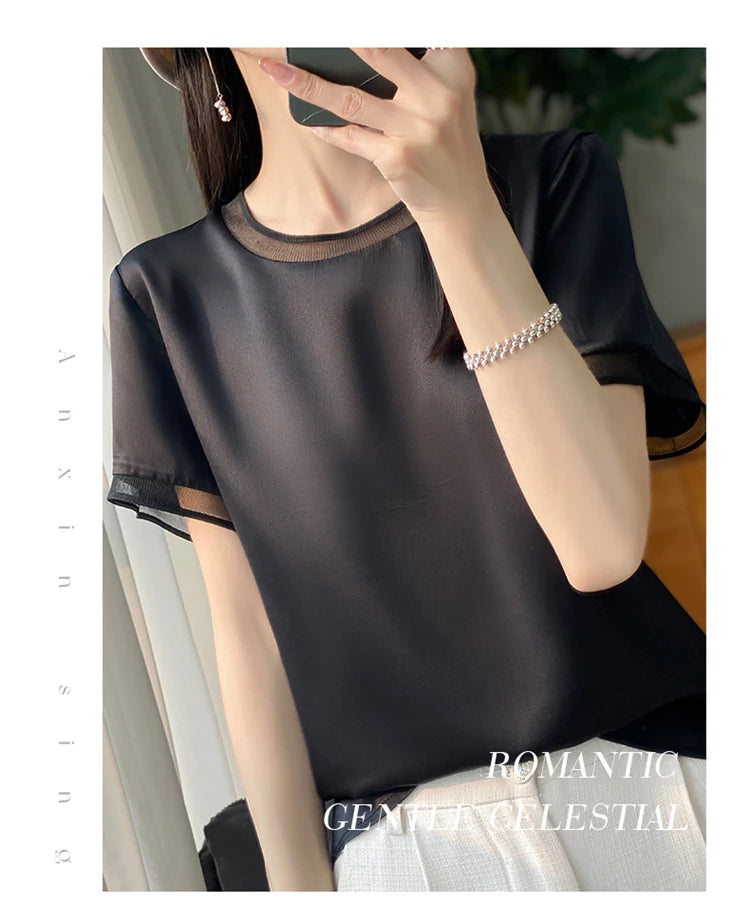 Oversize New Arrival T-Shirt Silky Satin Surface Women's Tees Short ONeck Tank Top Casual Slim Solid Lady Clothes Fashion Trends