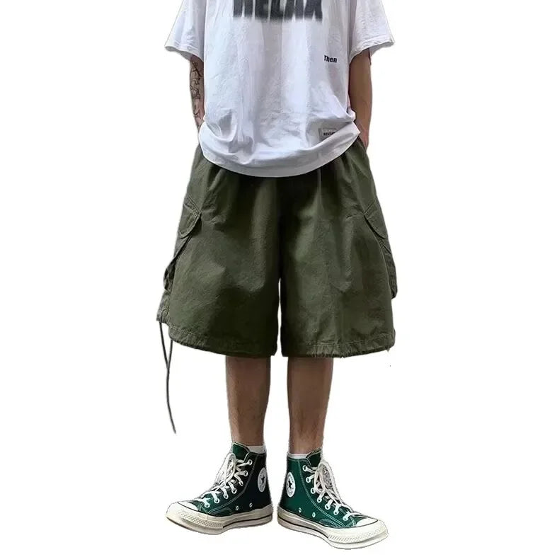 Loose Casual Men's Workwear Shorts Summer Wide Leg Drawstring Five-Quarter Pants Retro Japanese Style Outerwear Shorts