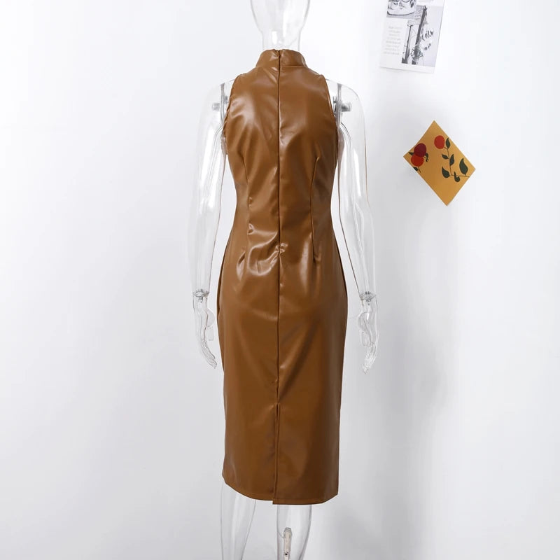 Vintage Midi Leather Dress Women Slim Turtleneck Sleeveless Hip Package Female Dresses 2025 Spring Lady Elegant Party Vestidos