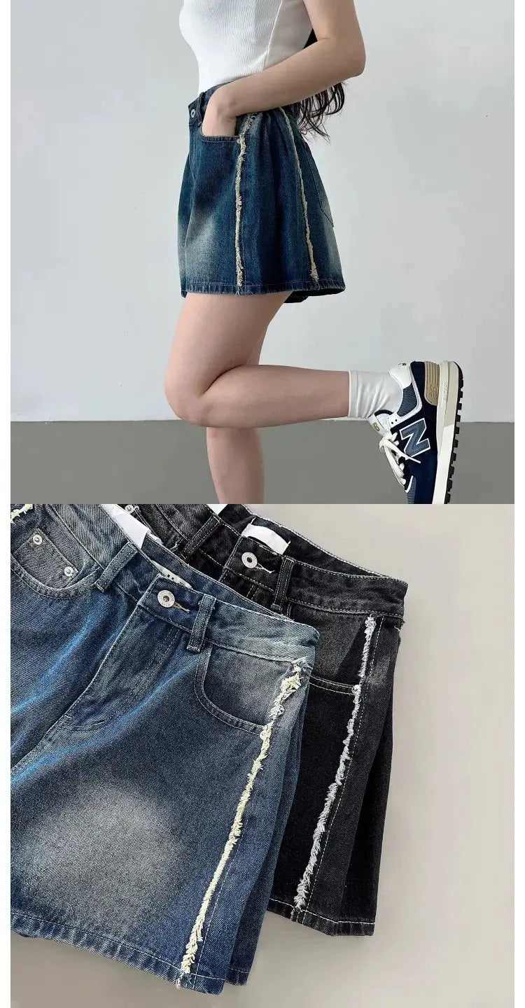 Retro Waed Distred High Waist Wide Leg Jeans orts Casual Sle A-Line Loose Fit Summer Denim orts for Women