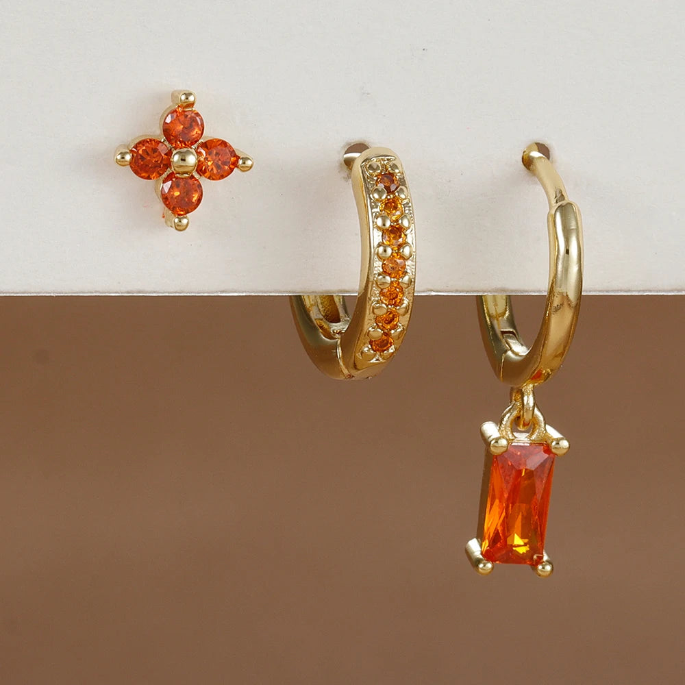 3PCS Fashion Orange Blue Zircon Hanging Earrings Set for Women Stainless Steel Flower Dangle Earring Piercing Jewelry