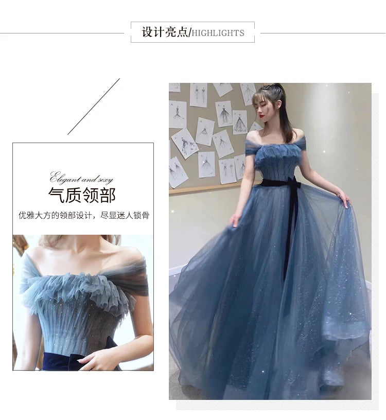 New greydish blue long sweat lady girl women princess bridesmaid banquet party prom dress gown